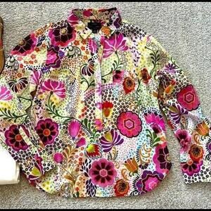👠👚💚 J. Crew Classic Floral Popover 💯 Cotton Long Sleeve Bust 20.5 Length 25